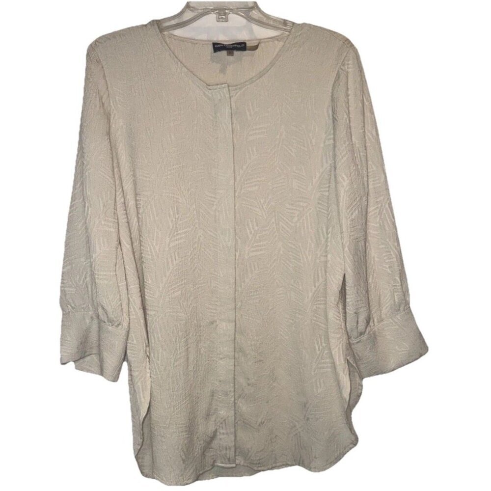 Karl Lagerfeld‎ Paris Womens Cream Textured 3/4 Sleeve Button Up Blouse Top Sz L